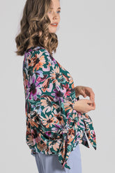 Umgee Full Size Floral V-Neck Tie Sleeve Blouse Plus Size OutfitFlow